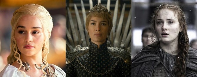 Daenerys Targaryen (Emilia Clarke), Cersei Lannister (Lena Headey) e Sansa Stark (Sophie Turner)