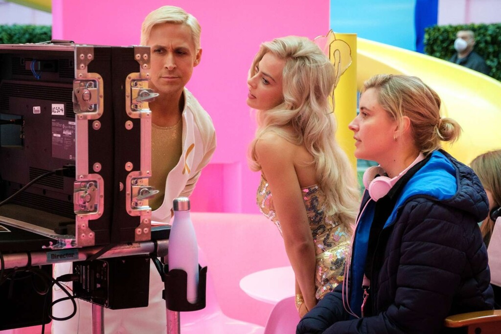 Ryan Gosling, Margot Robbie e Greta Gerwig no set de Barbie
