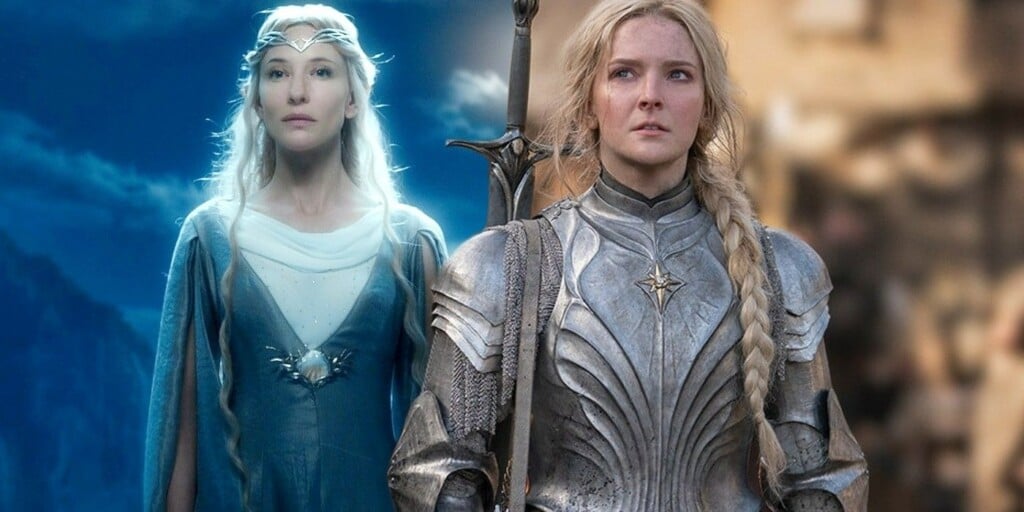 Cate Blanchett e Morfydd Clark como Galadriel em O Senhor dos Anéis