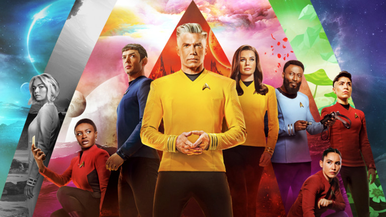 Jess Bush as Chapel, Celia Rose Gooding as Shura, Ethan Peck as Spock, Anson Mount as Pike, Rebecca Romijn as Una, Babs Olusanmokun as M’Benga, Christina Chong as La’an and Melissa Navia as Ortegas of Star Trek: Strange New Worlds, streaming on Paramount+, 2023. Photo Cr: Pari Dukovic/Paramount+